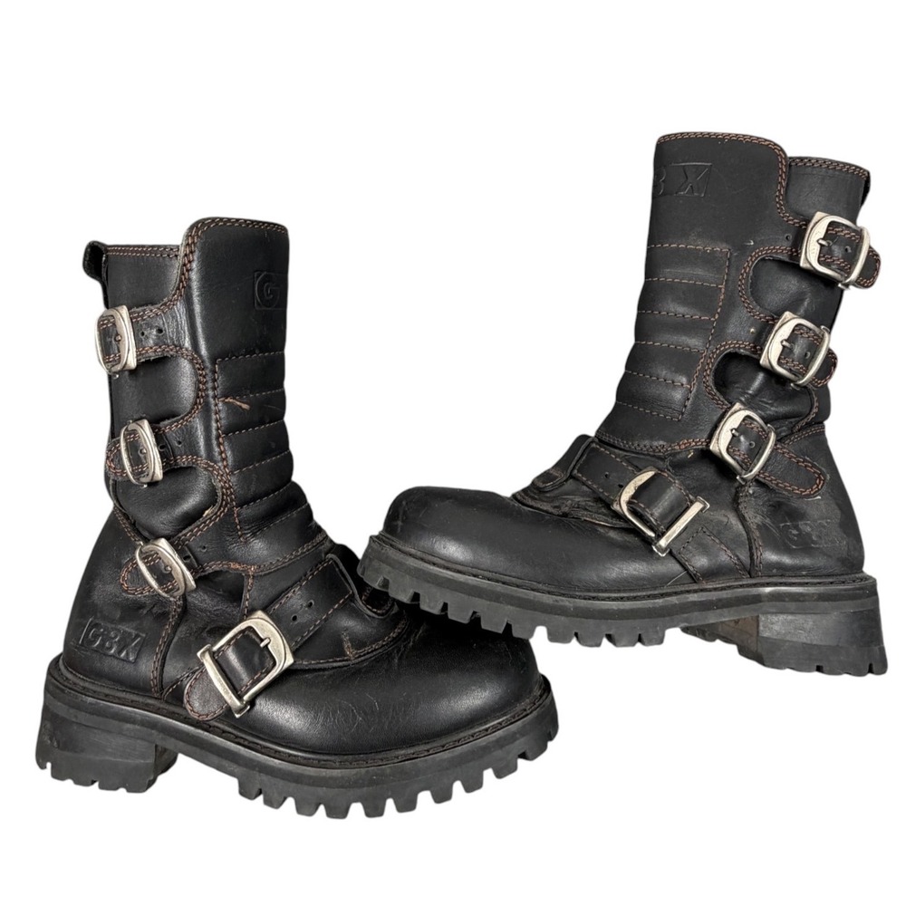 GBX Mens Boots Moto Biker Combat Buckle Zip Black Leather Lug Sole 8 M